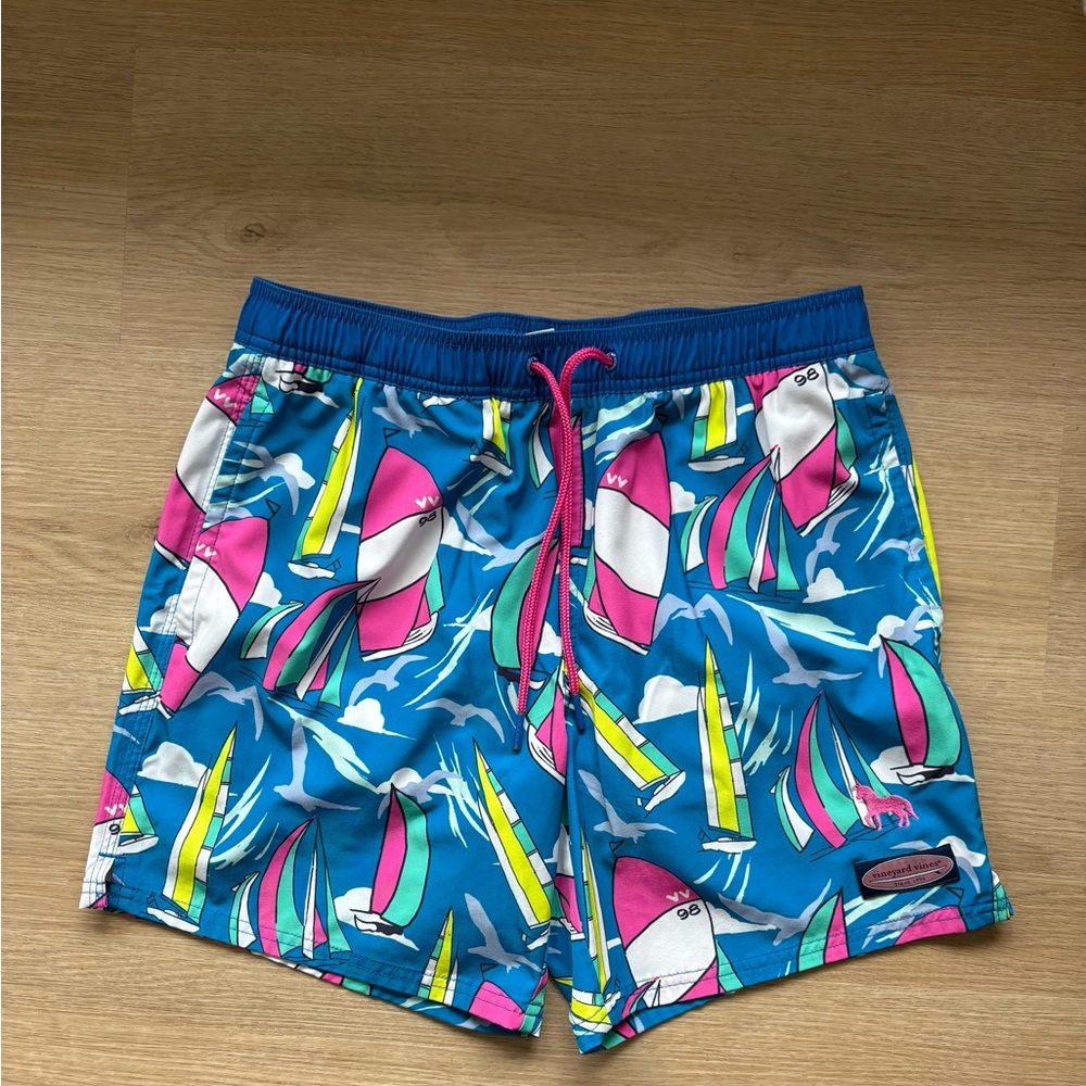 Vineyard Vines Blue Sail Print Swim Shorts with Pink Drawstring